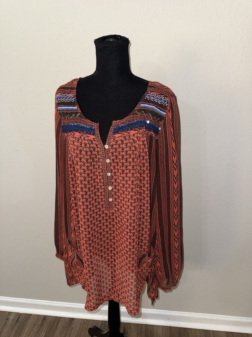 Free People Womens Large Orange Printed Beaded Sequined Split Neck Tunic Blouse